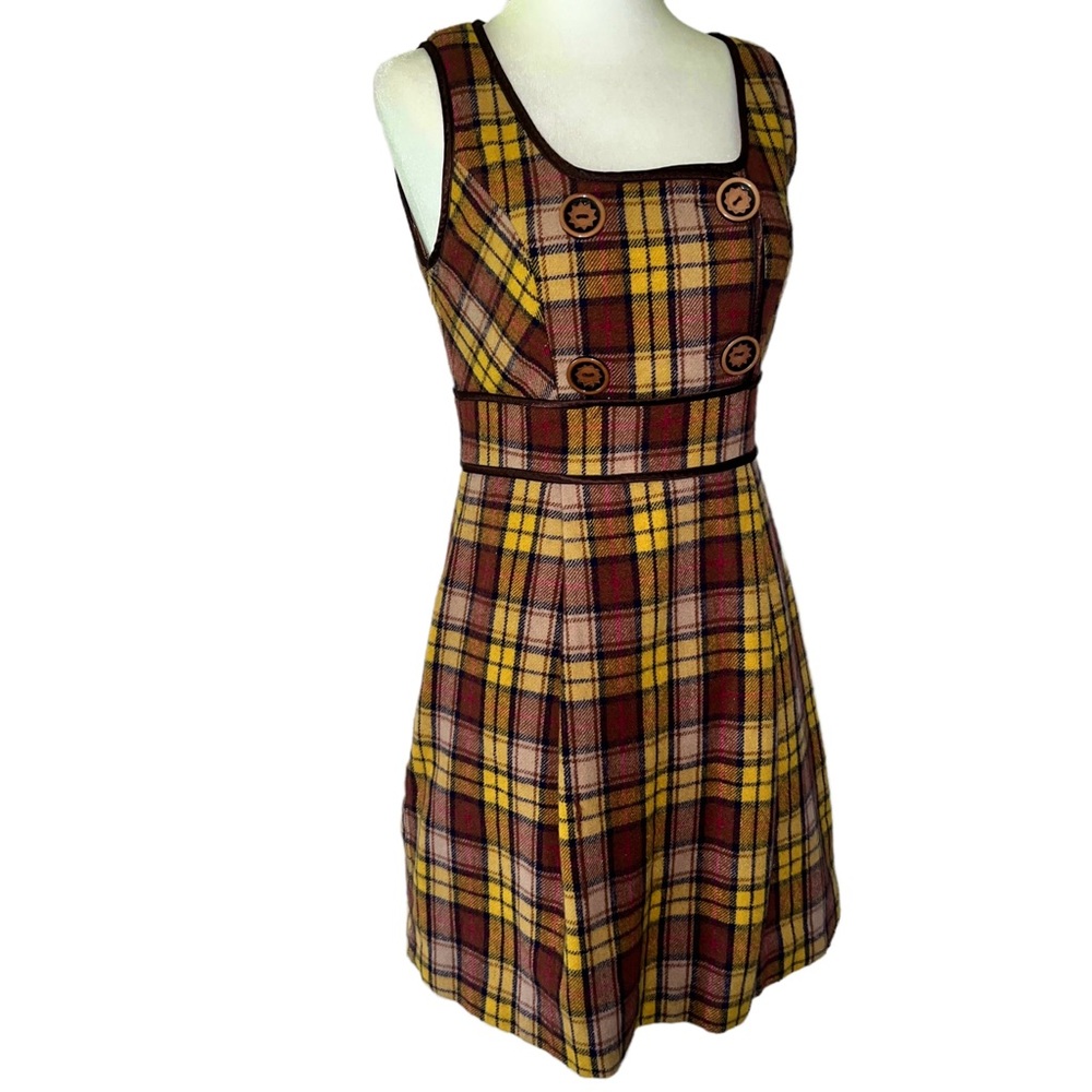 Vintage Retro Yellow Brown Plaid Tartan Pinafore Pinny Mini Midi Jumper Dress M